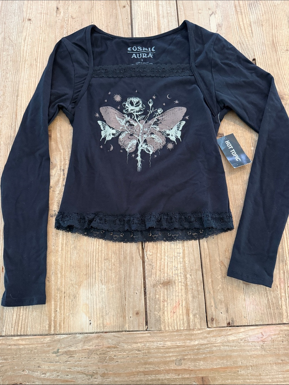 Hot Topic Black Cosmic Aura Lace-Trim Long Sleeve Top with Celestial Graphic NWT